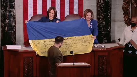 Ukrainian President Zelenskyy presents battle scarred flag to US Congress