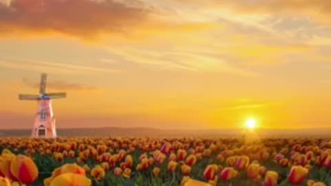 When the healing sunset meets the beautiful tulip such a beautiful scene who