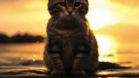 silhouette of a cute little cat with the rainy sunset coast