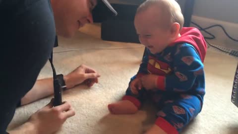 WARNING - Contagious laughter! Baby In Superman onesie laughing hilariously at dad