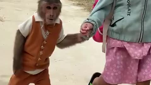 Babygirl and monkey walk back from school