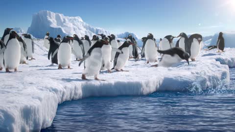 Many Gentoo penguins stand on the ice and jump into the water, with splash.