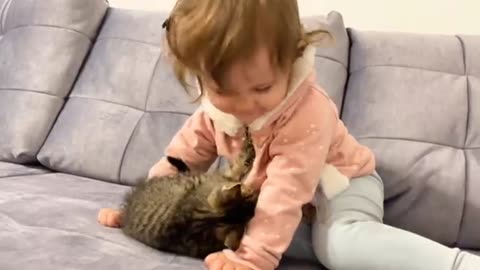 Cute baby meets New baby kitten for the first time ,,!