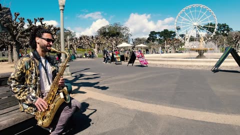 Street Singer Singing through a Saxophone. Saxophone Instrument. This and That Florida USA