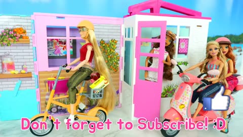 New Barbie House / Pink Scooter & Yellow Bike for Doll Patinete Sepeda Fahrrad Bicyclette بيت الدمية