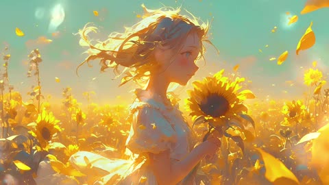 "Sunlit Melodies: Lofi Vibes with a Girl and a Sunflower"