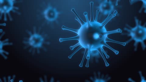 Virus Cells Under Microscope, Floating In Fluid With Blue Background