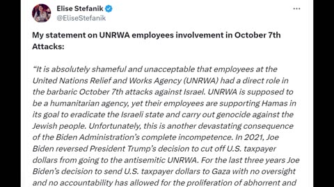 E. Stefanik statement on UNRWA employees involvement in October 7th Attacks