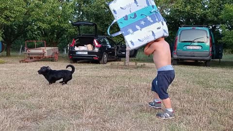 Kid laughs uncontrollably while being chased by playful pup