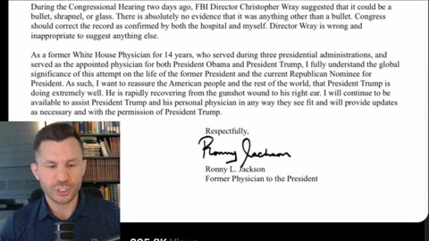 Ronny Jackson: Hospital Records show Trump Hit by Bullet (not Shrapnel)