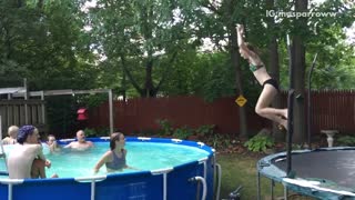 Girl tries to jump from trampoline to pool but slides on edge of pool