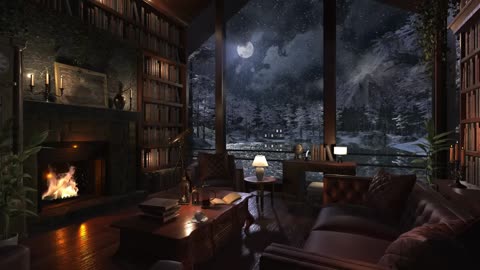 Winter Library Night Ambience Fireplace, Snow & Blizzard Sounds