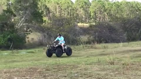 Helmet girl accidentally drives four wheeler into green bush