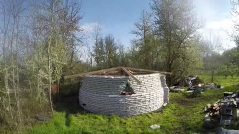 Earth Bag house rafters and roof 3