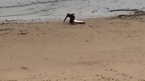 Guy in black wetsuit stretching near at beach