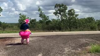 Father Embarrasses Kiddos with Flamingo Costume