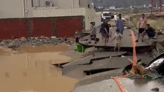 08/06/2024 Severe damage road due to heavy flood in Mecca, Saudi Arabia