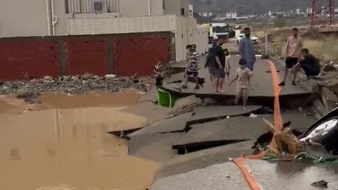 08/06/2024 Severe damage road due to heavy flood in Mecca, Saudi Arabia