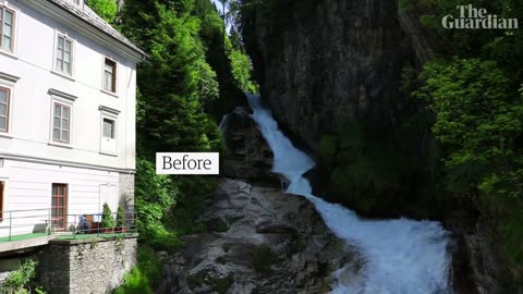 Europe floods: before and after footage as an Austrian waterfall becomes a torrent