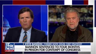 Steve Bannon in First Interview Following Sentencing Tells Tucker Carlson His Wish for the Country. Steve Bannon was never at January 6th but the Jan 6th committee says hes guilty. Sentenced to 6 months. The biggest abuse of power and jailing non guilty.