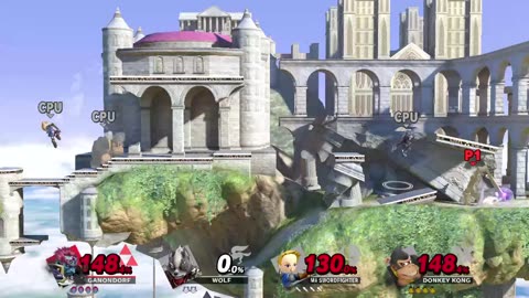 Ganondorf vs Wolf vs Mii Swordfighter vs Donkey Kong on Temple (Super Smash Bros Ultimate)