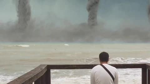 Man sitting and watching tornadoes on the horizon