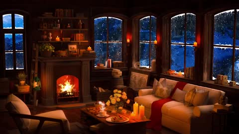 Cozy Winter Cabin with Smooth Jazz Piano, Fire Place and Snowfall for Sleeping and Studying