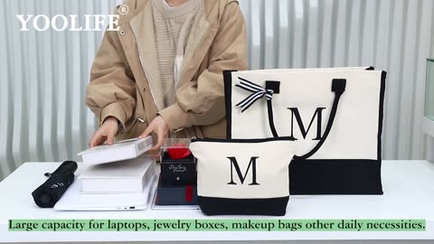 YOOLIFE Valentine's Day Gifts - Initial Canvas Tote Bag & Makeup Bag