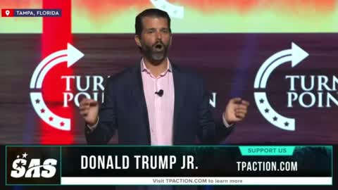 The crowd chants "Let's Go Brandon" after Donald Trump Jr slams Biden's "handshake to nowhere."