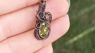 Wire wrapped peridot and copper necklace