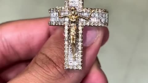 Natural Diamond & Solid Gold Baguette Crucifix Ring