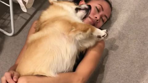 Young Woman And Dog Sleep On The Floor In A Heavenly Embrace