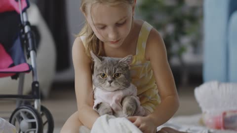 Close-up of girl putting clothes on a cat