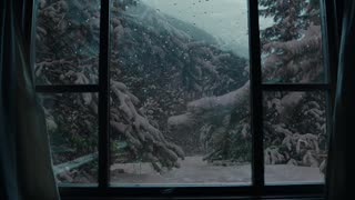 Winter Wonderland: Window View to a Snowy Forest on the Mountain - Serene Windy Ambience