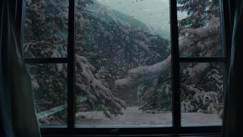 Winter Wonderland: Window View to a Snowy Forest on the Mountain - Serene Windy Ambience