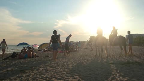 Horsemen on the beach. Chase the sun