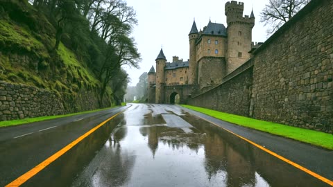 The dream castle sleeps peacefully, and the rain paints a picture on the road