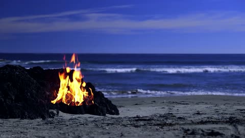 Ocean waves and fire sounds 4K virtual campfire by the sea