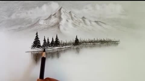 Pencil drawing landscape scenery/ Snow mountain landscape drawing with pencil