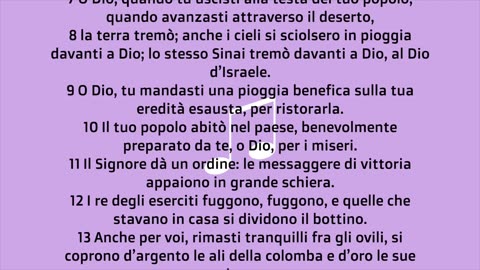 LETTURA DEL SALMO 68(antico testamento) [AUDIO BIBBIA IN ITALIANO] Tu li dissolverai come si dissolve il fumo;come la cera si scioglie davanti al fuoco,così periranno gli empi davanti a Dio.Dio schiaccerà la testa dei suoi nemici,