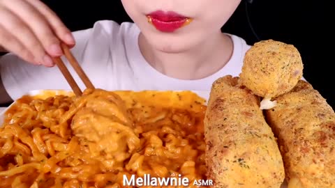 ASMR GIANT CHEESE STICKS, CHEESY CARBO FIRE NOODLES COOKING & EATING SOUNDS MUKBANG