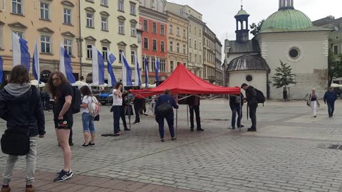 Main square in the Old City of Kraków, preparing the stage for Grzegorz Braun's speech