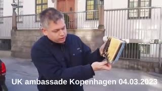 DANISH POLITICIAN RASMUS PALUDAN BURNS QURAN OUTSIDE UK EMBASSY IN COPENHAGA DENMARK