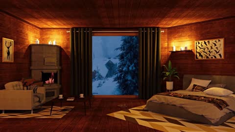 Cozy cabin with Crackling Fireplace and Snow - Background Ambience