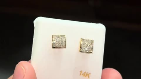 Natural Diamond & Solid Gold Princess Cut Earrings