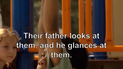 Their three children, now two, sit on the bench near the window. Their father looks at them, an...