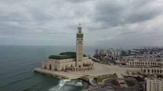 Drone video of Hassan II mosque Casablanca Morocco.