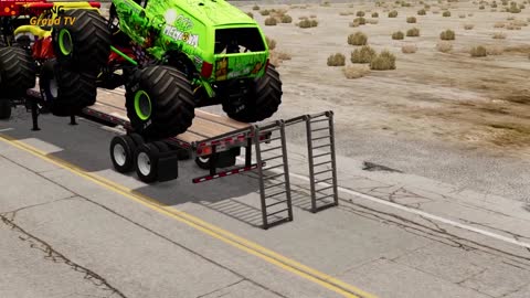 Flatbed Trailer Monster Truck Cars Transportation with Tractor - Double Speed Bumps vs Car - BeamNG