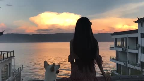 Watching sunset glow at the seaside with pets