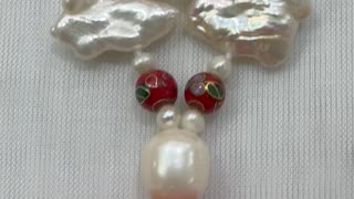 Handmade + Knotting Unique Jewelry Set with Freshwater Pearl, Cinnabar Pendant